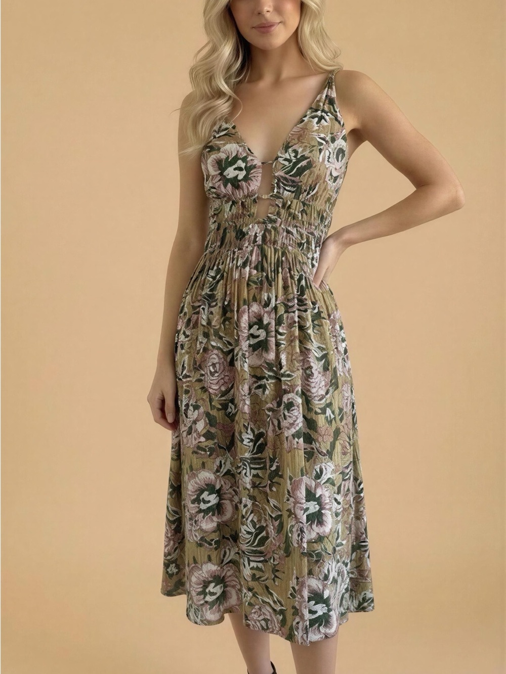 Caroline Constans Floral Print Smocked Sleeveless Midi Dress Size S NWT